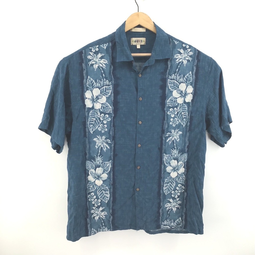 Campia Moda Mens XL‎ Blue Rayon Hibiscus Palm Tree Tropical Hawaiian Shirt